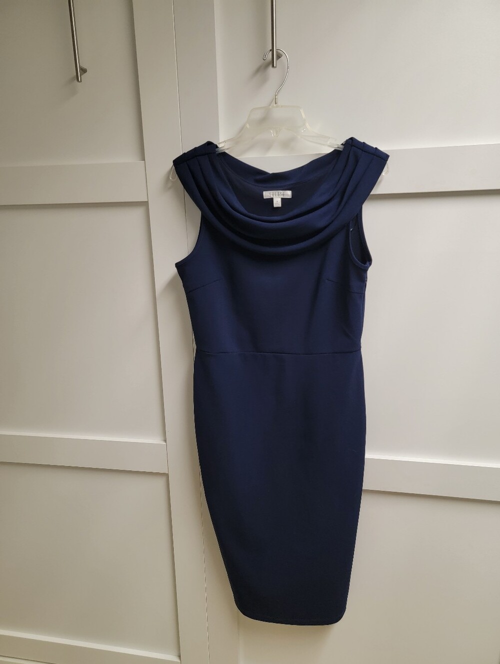 Spense Navy Cowl Neck Sheath Dress